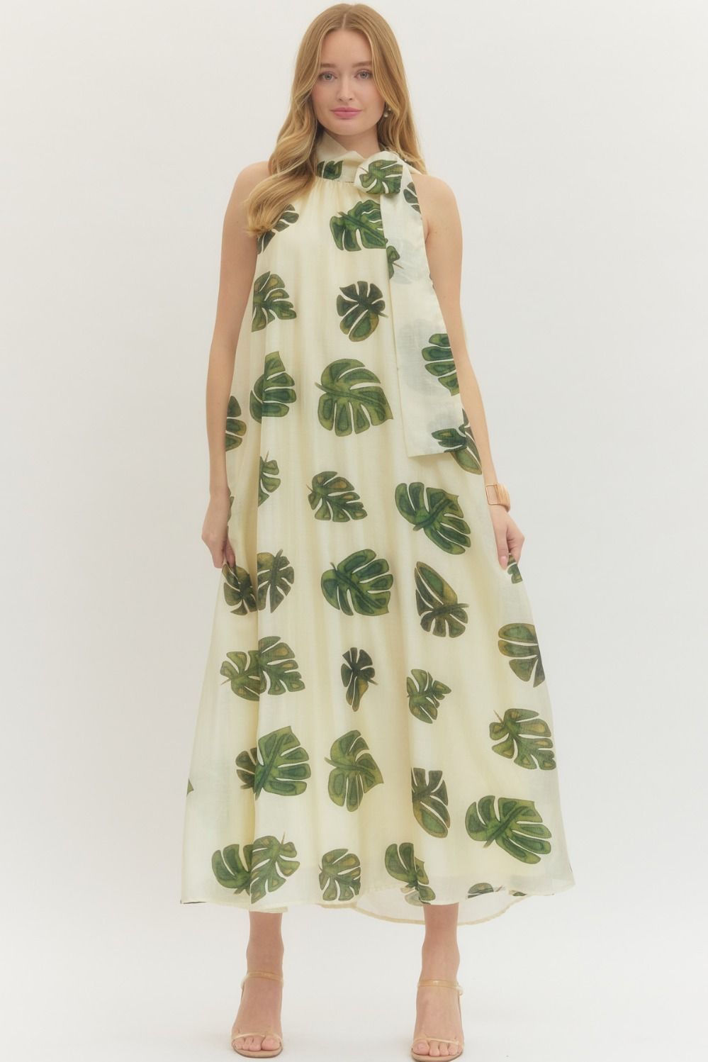Cream Midi Monstera Leaf Dress