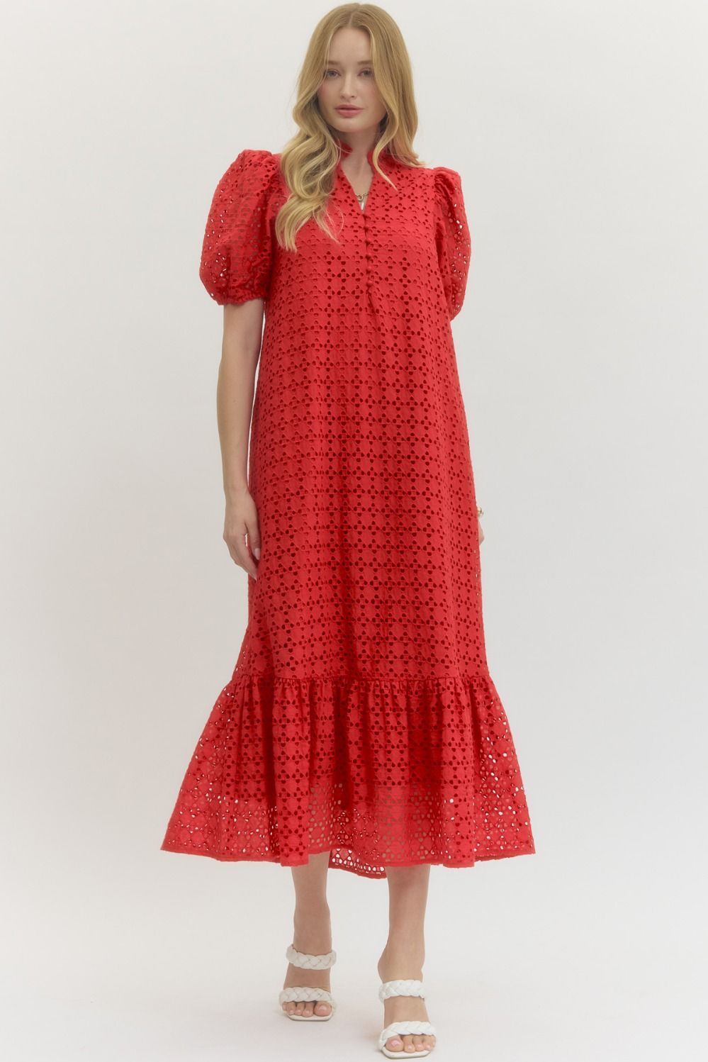 Red Eyelet Puff Sleeve Midi Dress