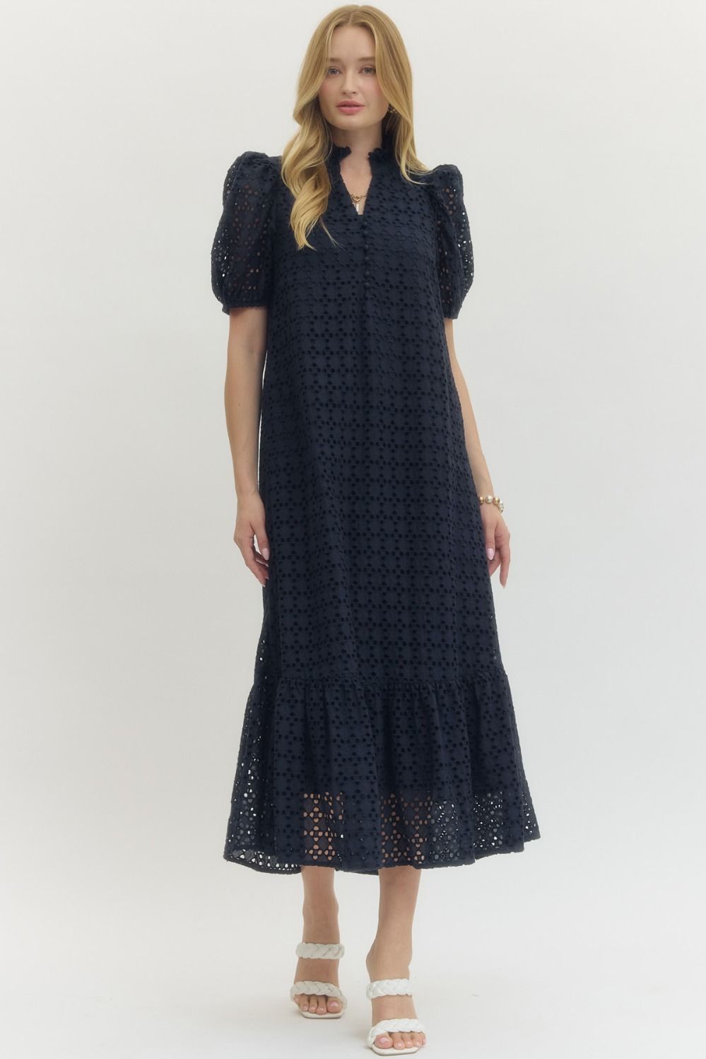 Navy Eyelet Puff Sleeve Midi Dress