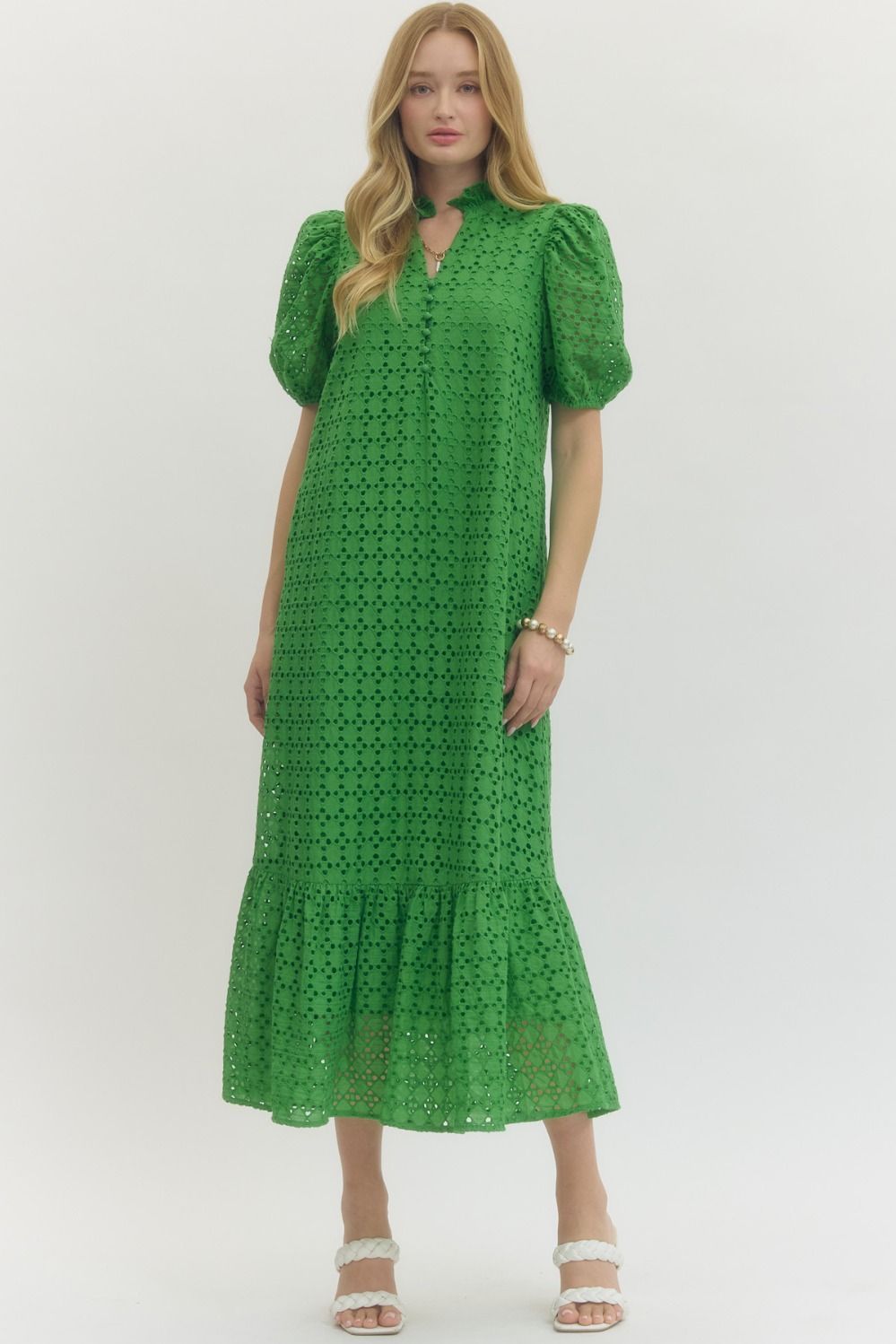 Green Eyelet Puff Sleeve Midi Dress