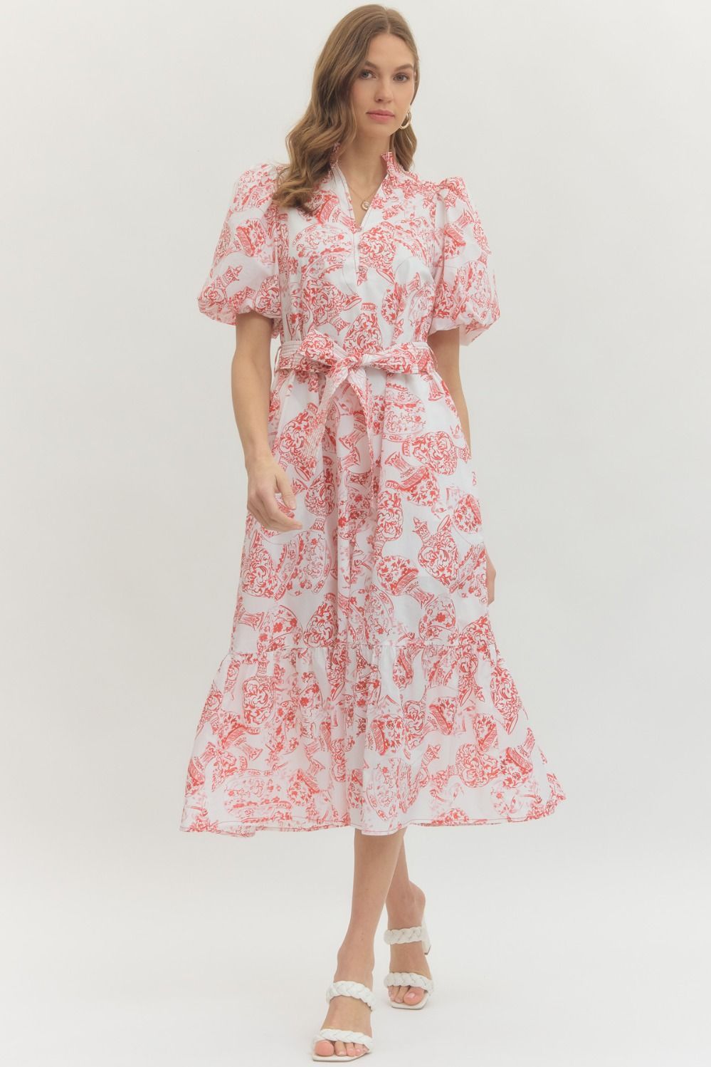 Red Toile Puff Sleeve Midi Dress Red Toile Puff Sleeve Midi Dress