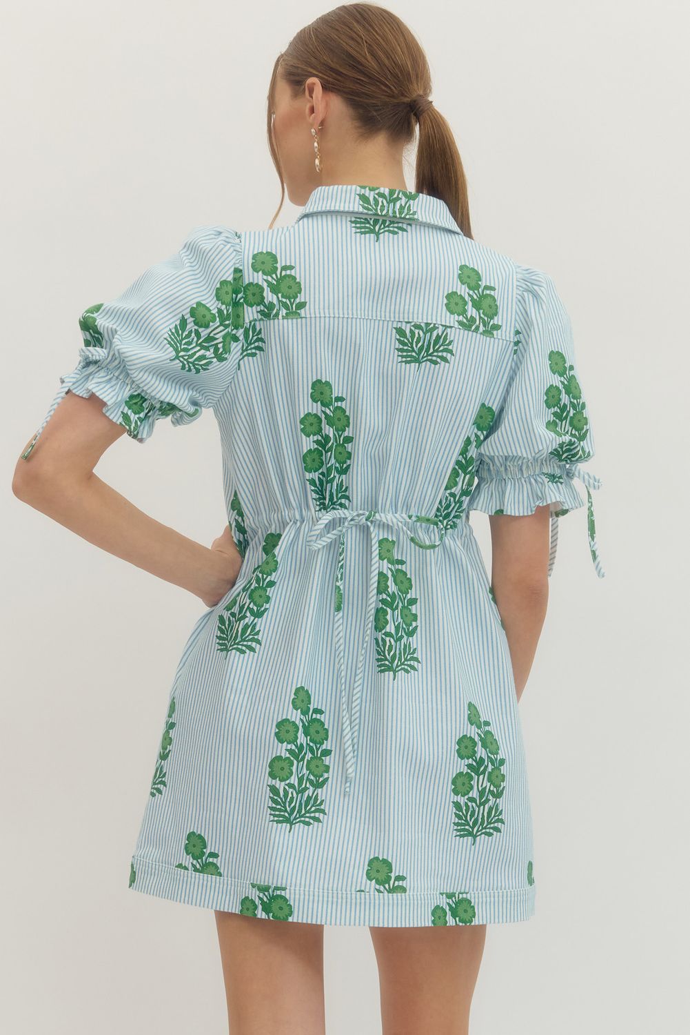Striped Floral Print Mini Drawstring Dress Green