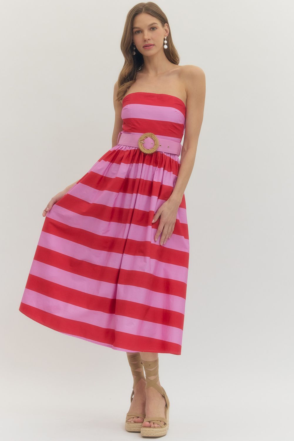Pink/Red Striped Strapless Midi