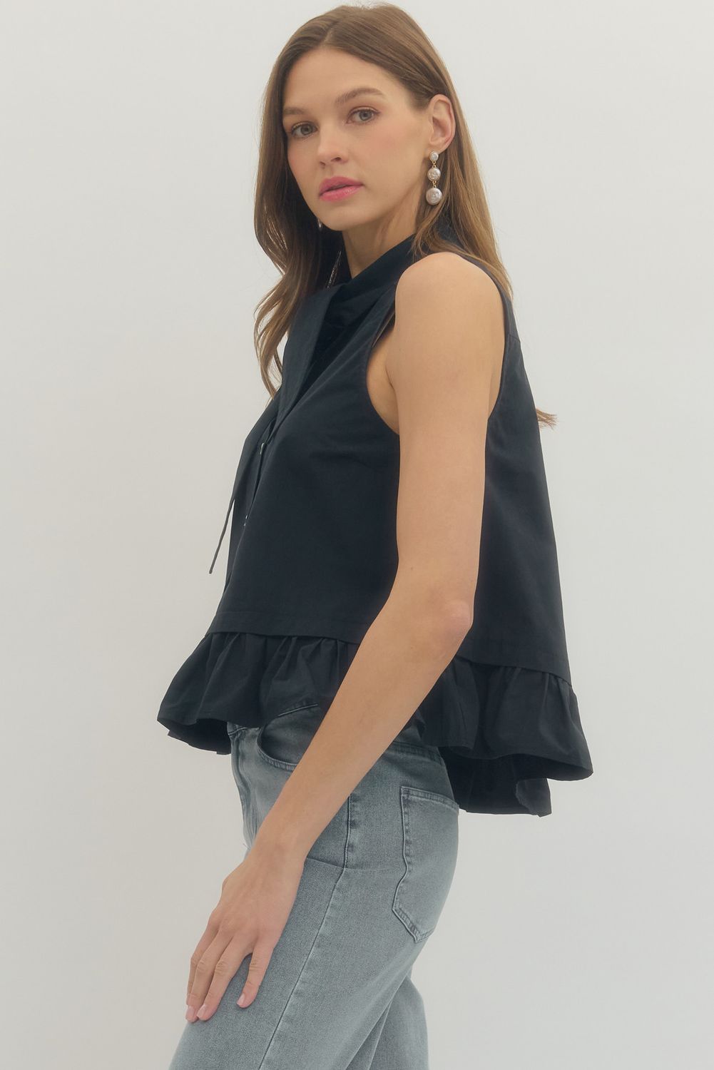 Black Sleeveless Tie Neck Top