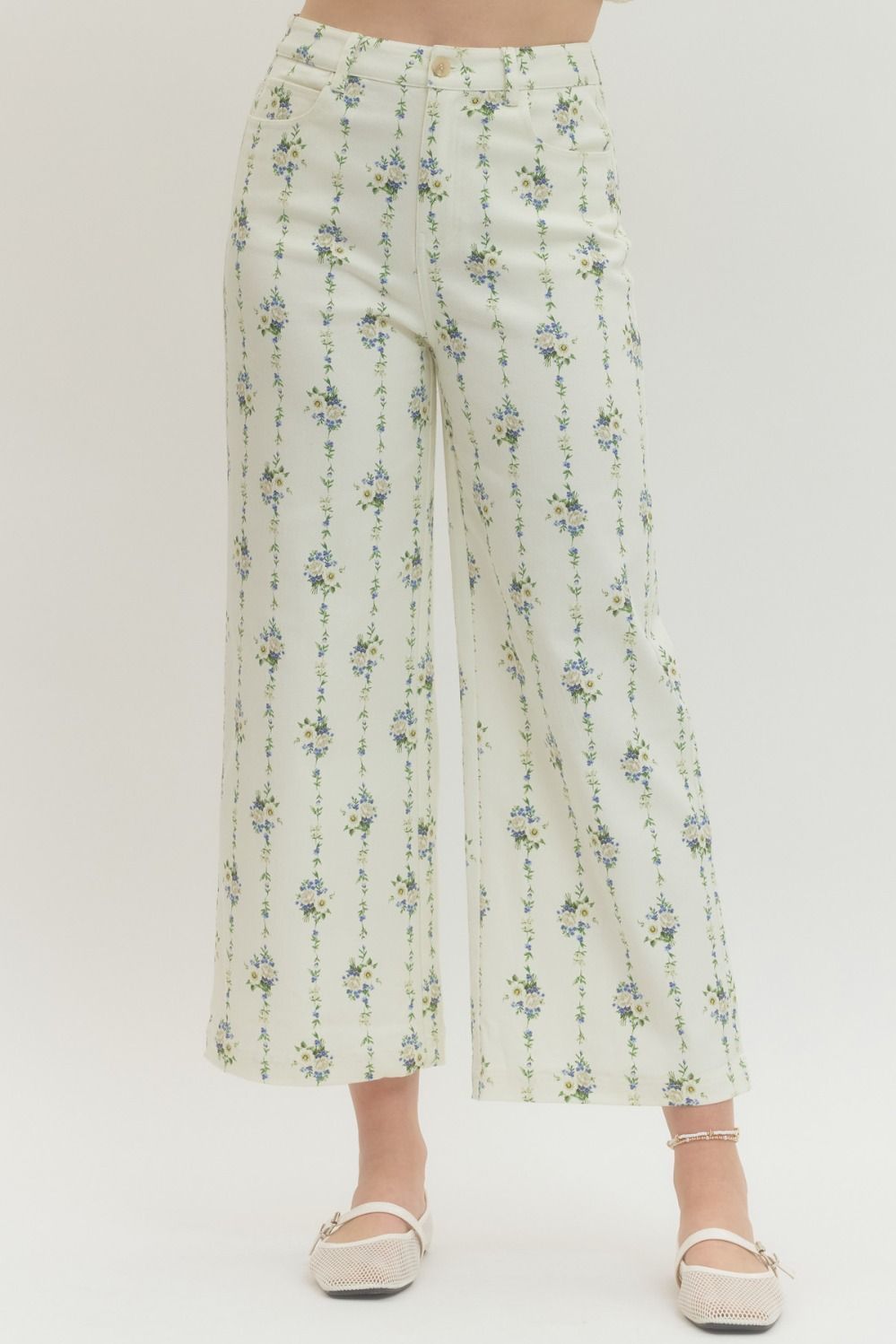 Cream/Blue Floral Wide Leg Pants