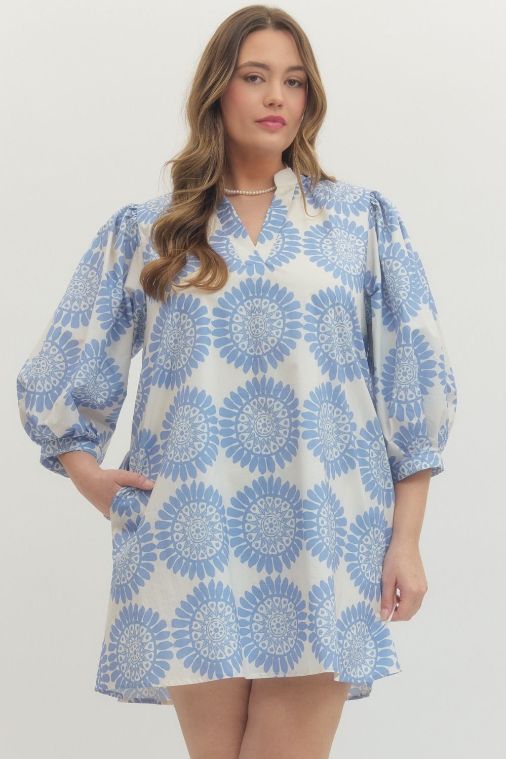 Blue Circle Print Puff Sleeve Mini Extends