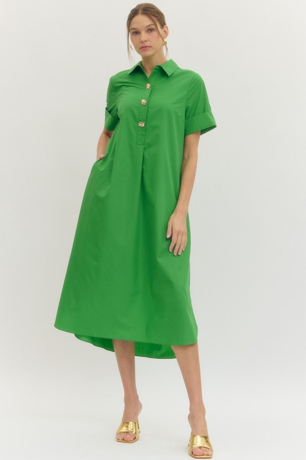 Green Solid Short Sleeve Midi