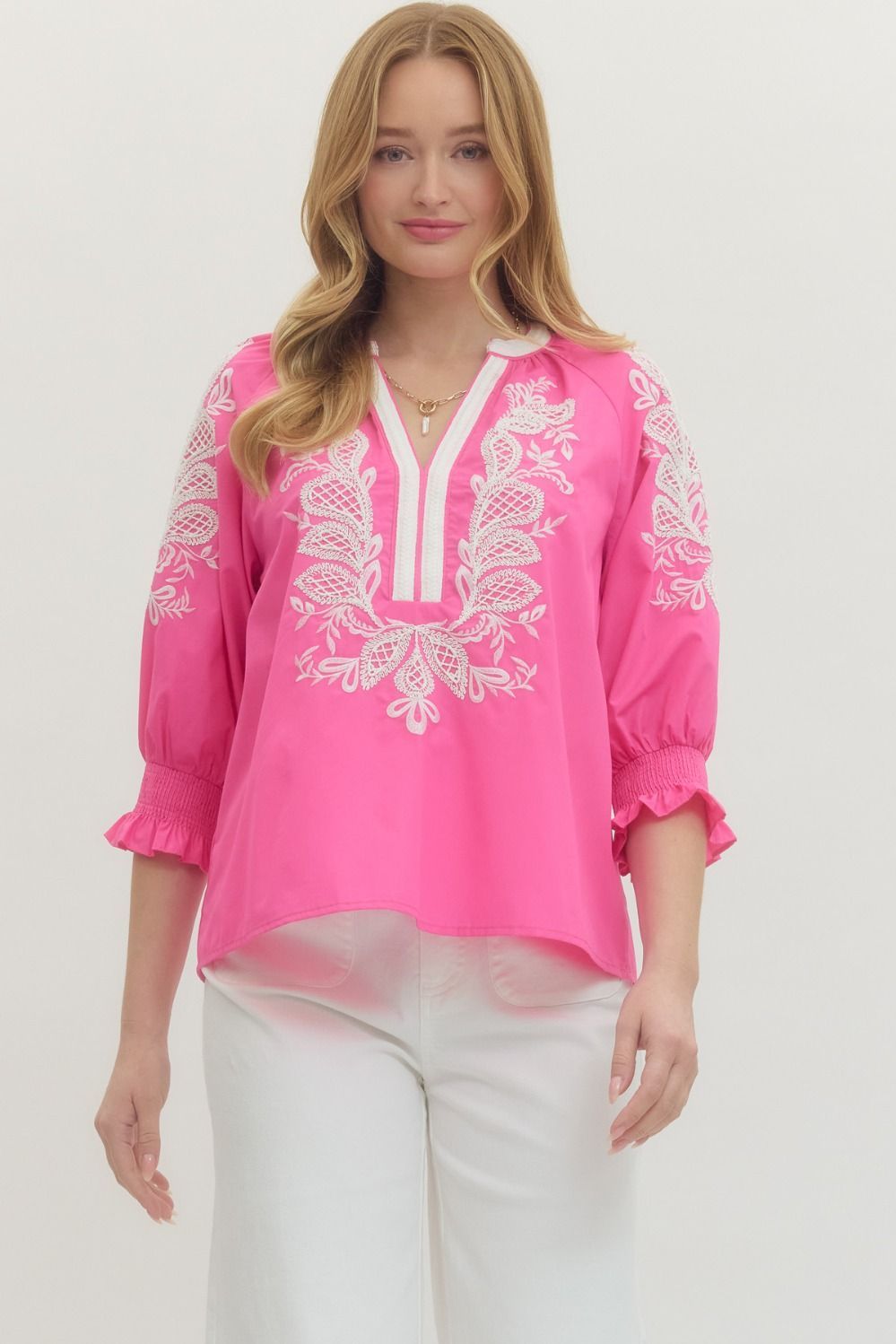 Hot Pink Puff Sleeve Top With White Embroidery