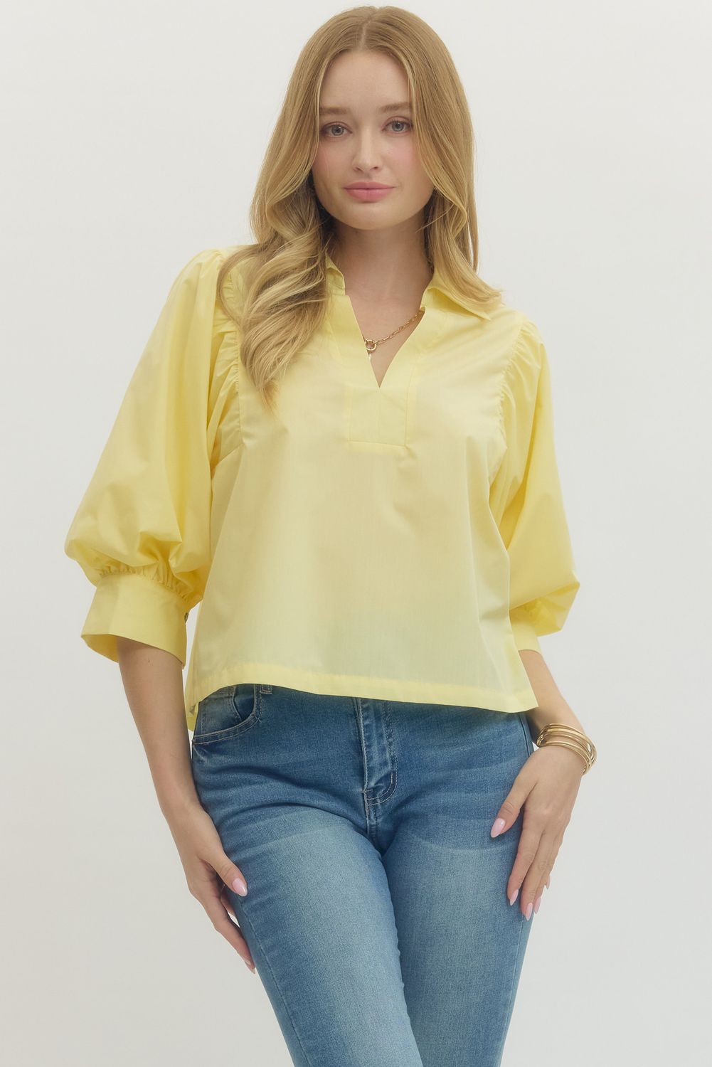 Yellow Solid 3/4 Sleeve  V-Neck Top
