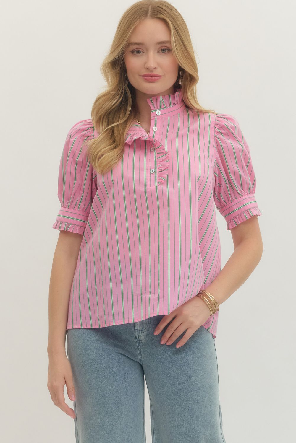 Pink Striped Ruffle Neck Button Closure Top