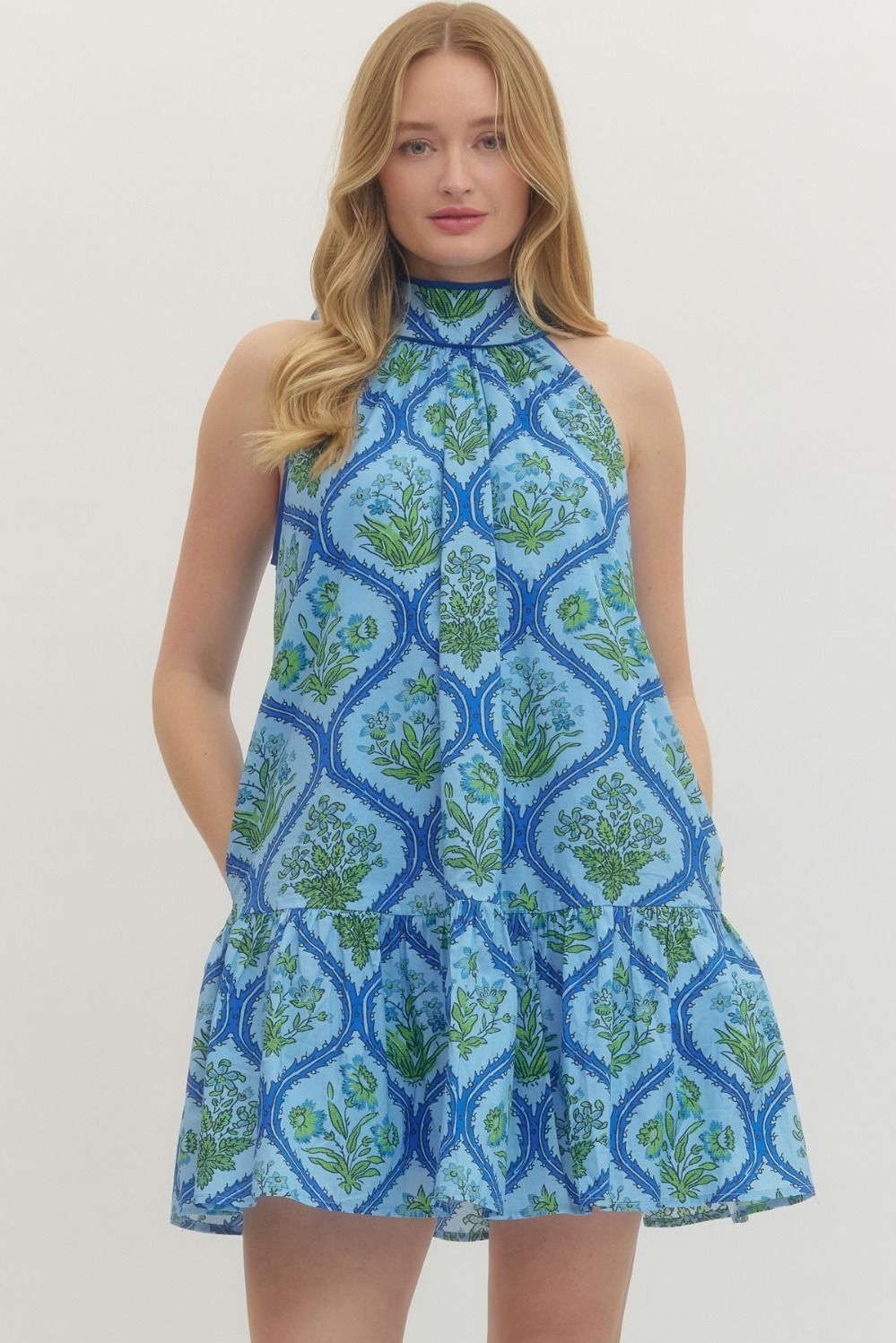 Blue Botanical Print Halter Dress With Bow Tie Back