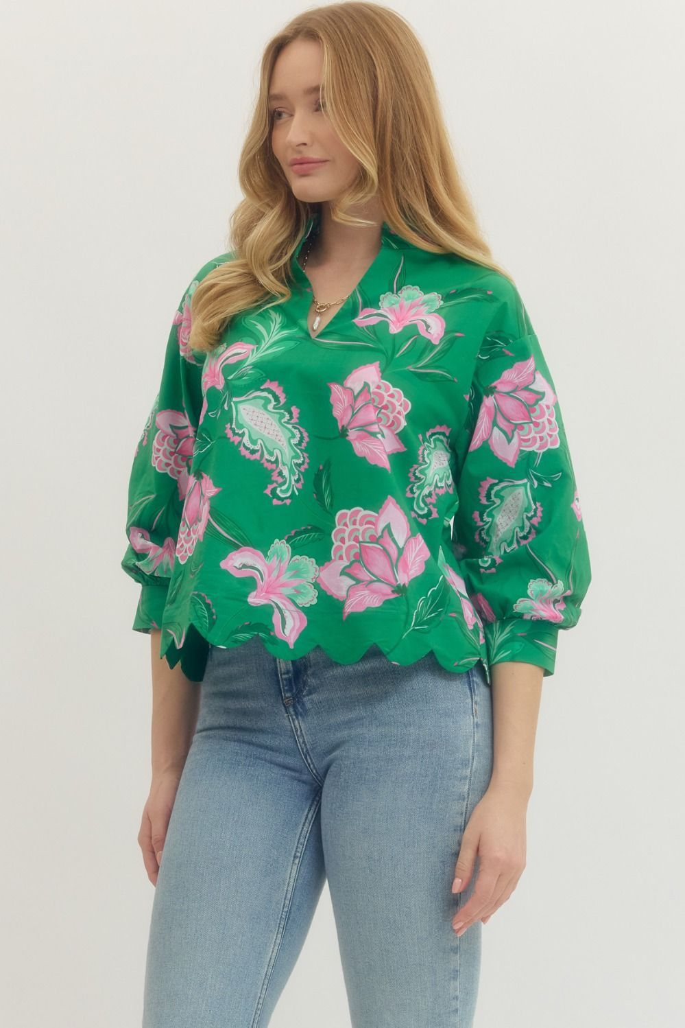Green Floral Print Scalloped Hem Top