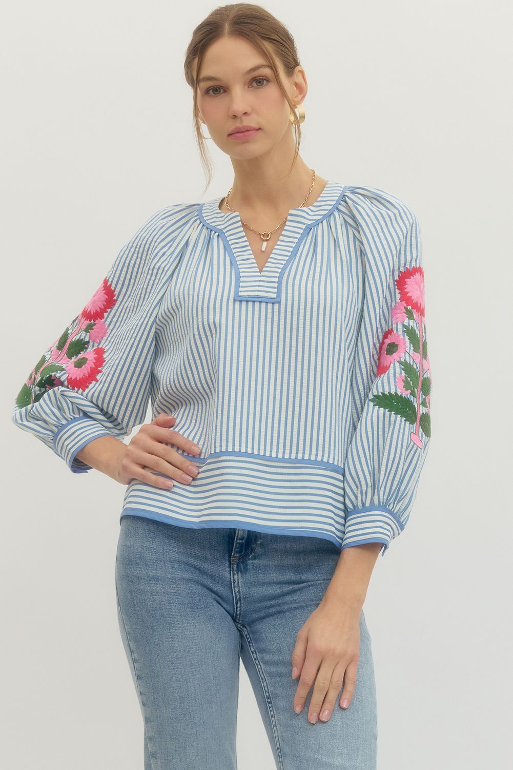 Blue Striped 3/4 Sleeve Top With Embroidered Sleeves