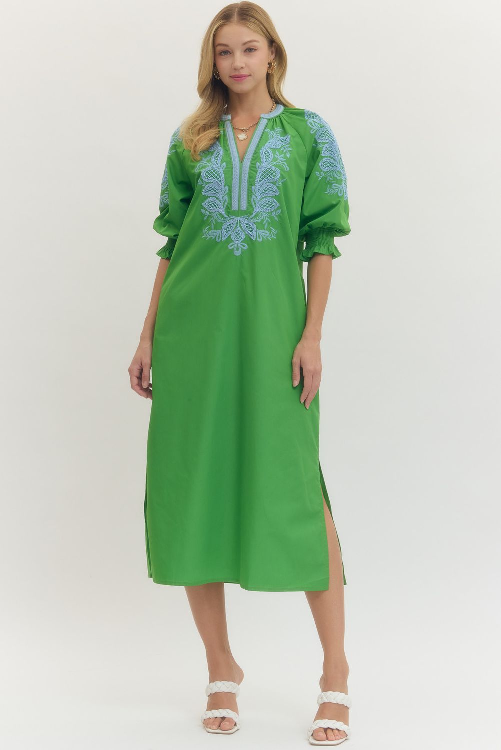 Embroidered V-Neck 1/2 Sleeve Midi Contrasting Trim