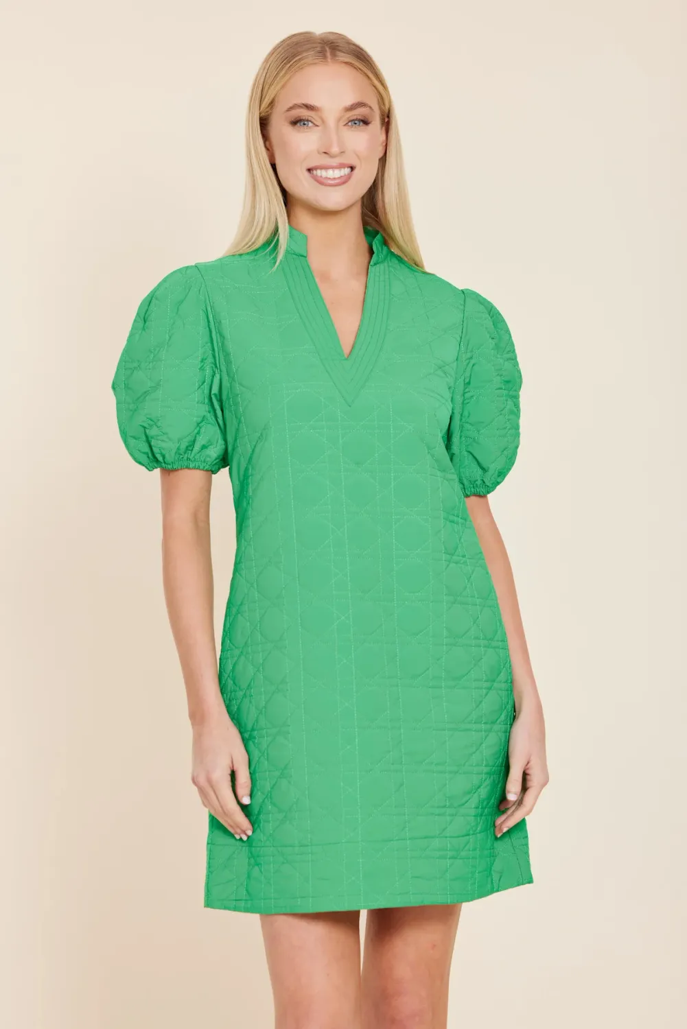 Green Nylon V-Neck Quilted Dress