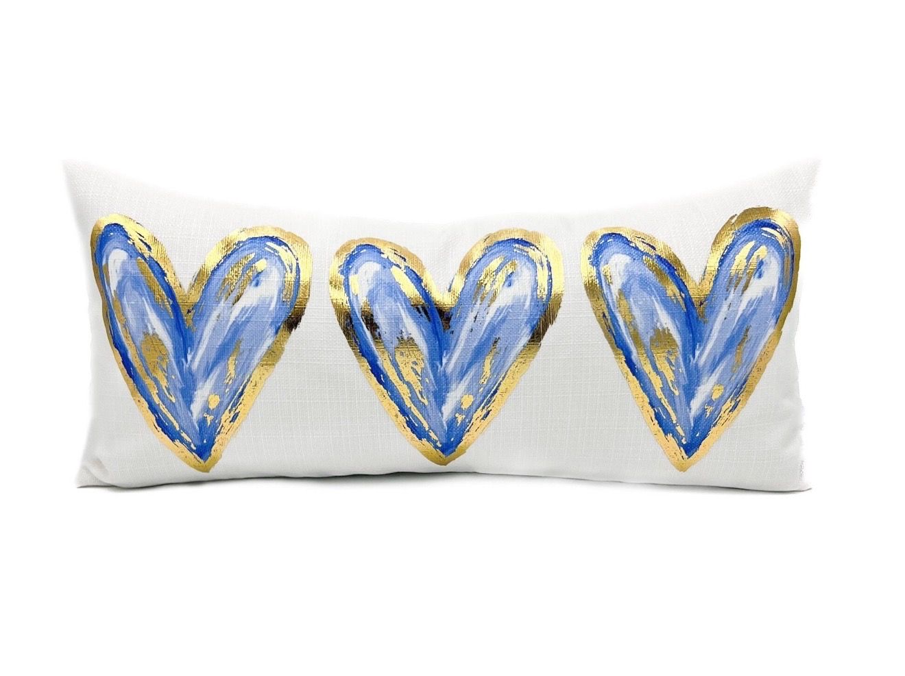 Golden Blue Hearts Pillow 12x24