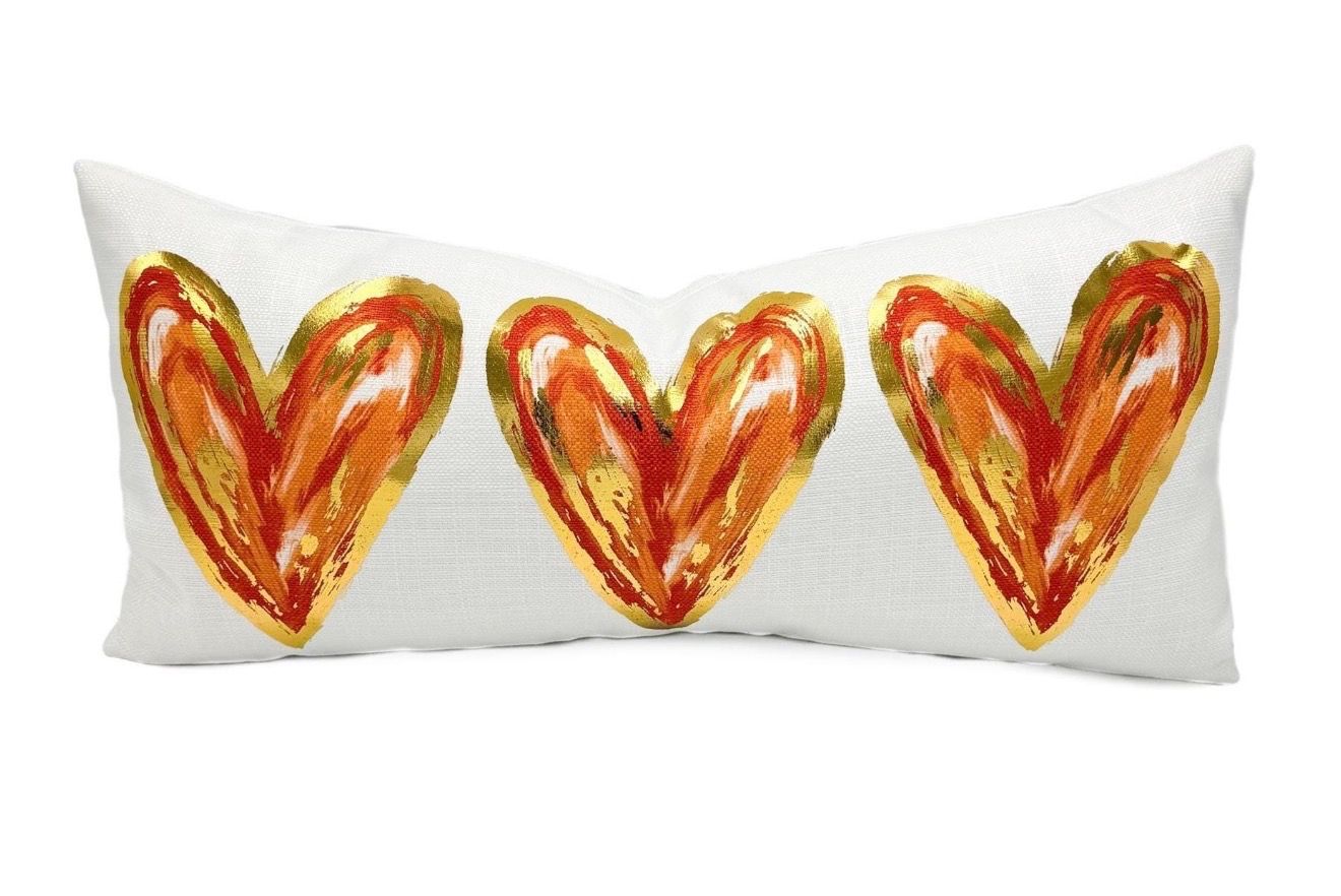 Gold Foil Orange Hearts Pillow 12x24