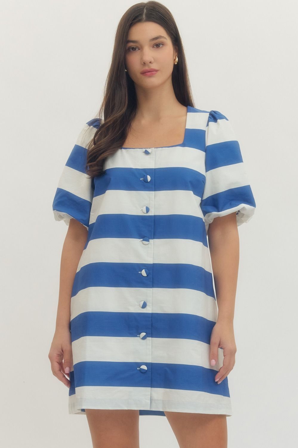 Bold Stripe Puff Sleeve Mini Dress Blue and White