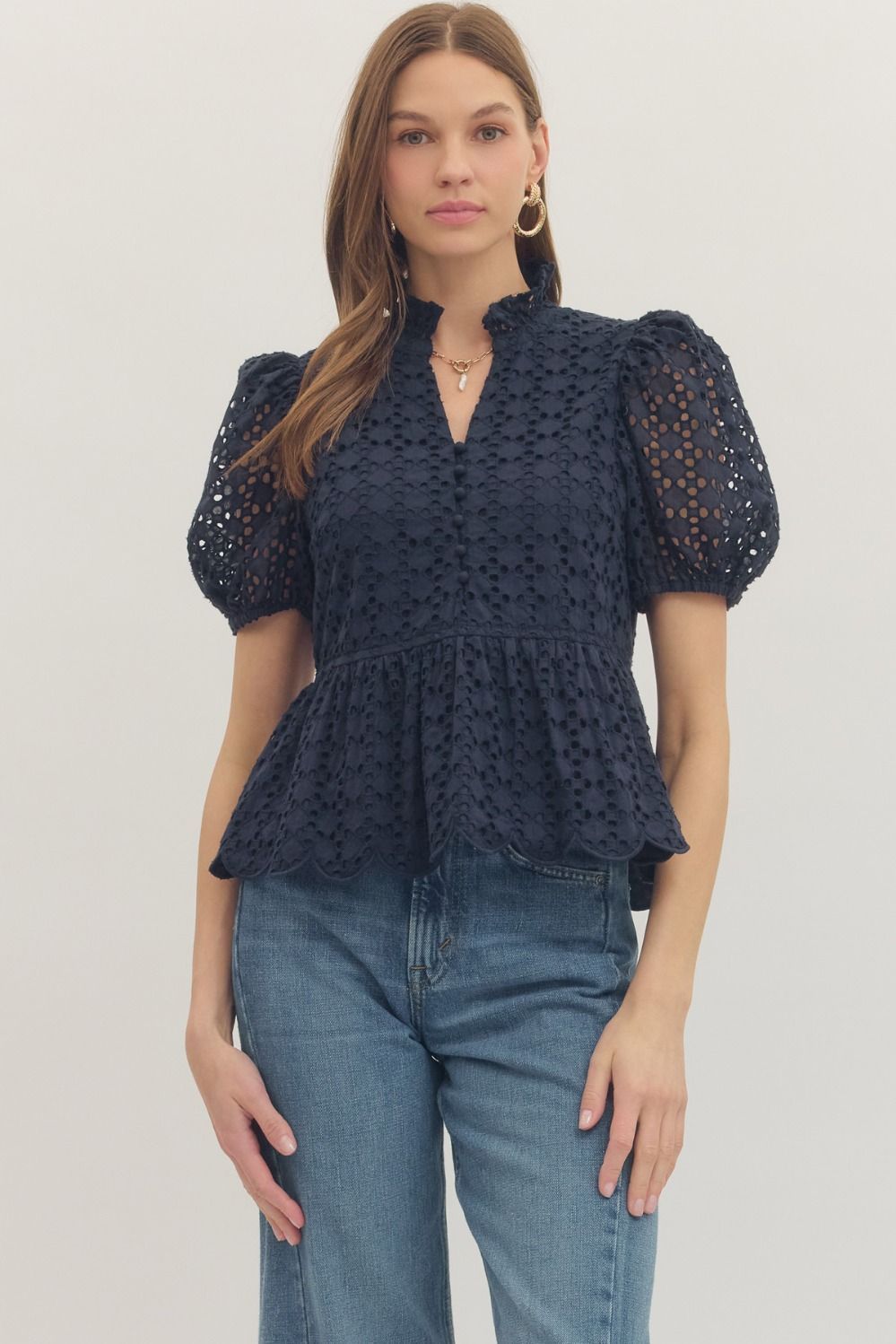 Navy Short Puff Sleeve Eyelet Top