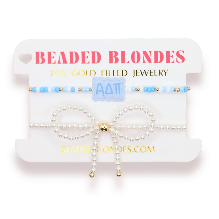 Alpha Delta Pi Block + Pearl bow bracelet set of 2