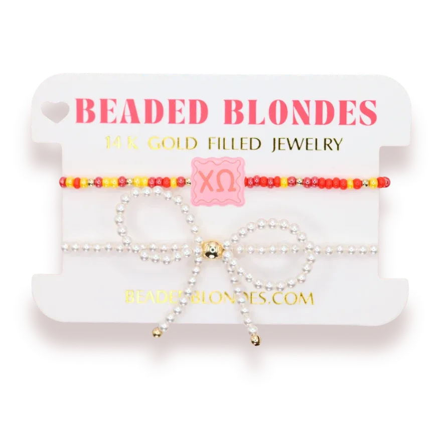 Chi Omega block + pearl bow bracelet set of 2