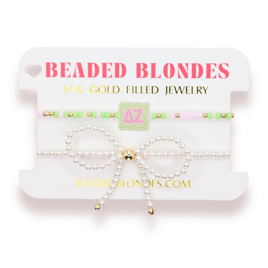 Delta Zeta block + pearl bow bracelet set of 2