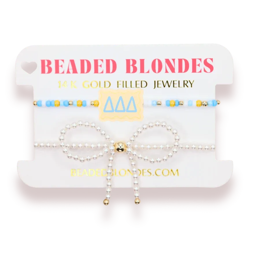 Delta Delta Delta block + pearl bow bracelet set of 2