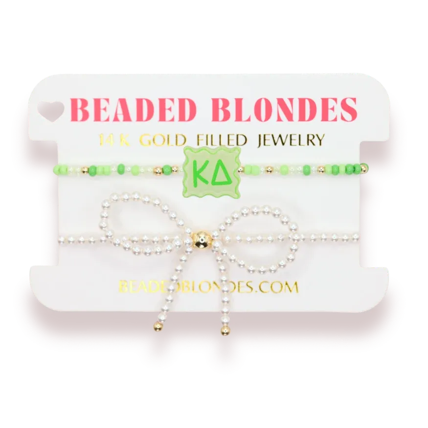 Kappa Delta block + pearl bow bracelet set of 2