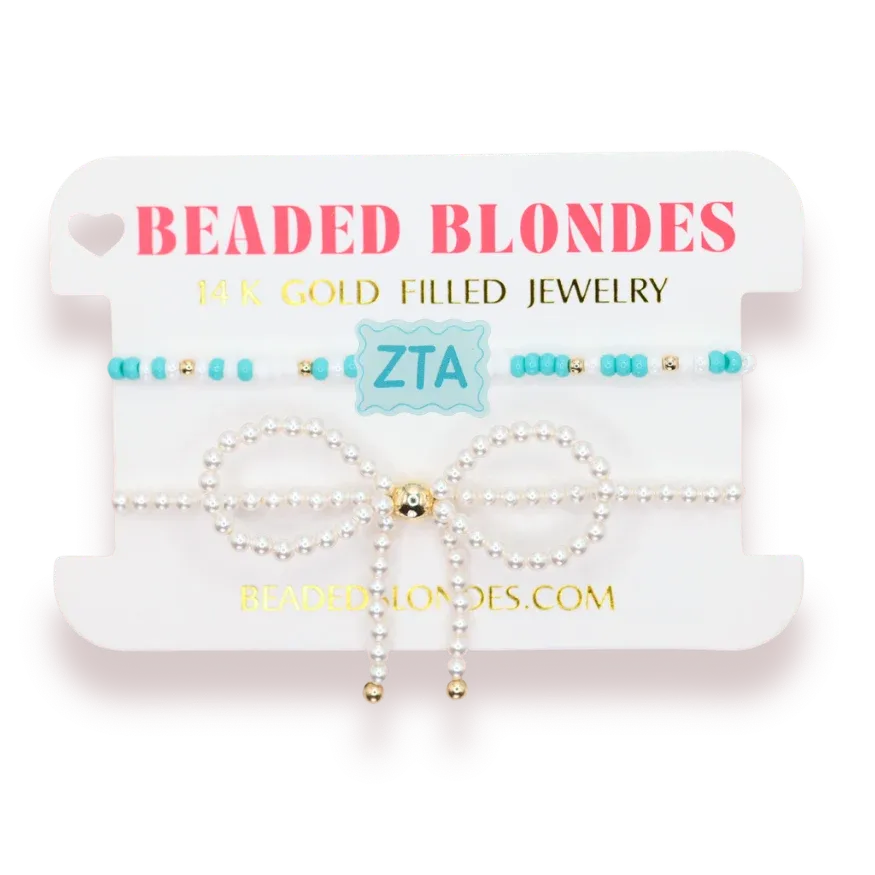 Zeta Tau Alpha block + pearl bow bracelet set of two