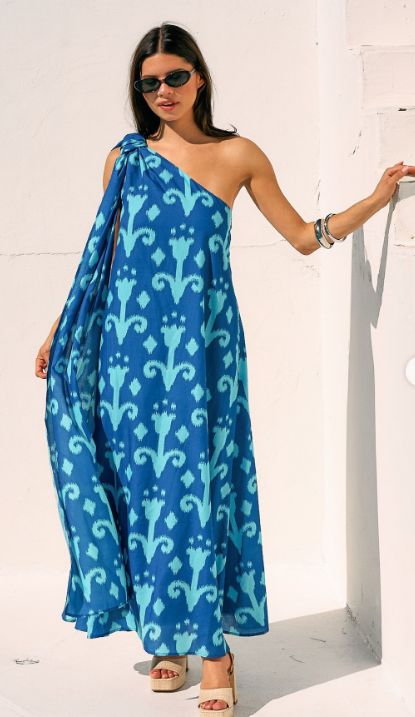 Blue Block Print One Shoulder Maxi With Scarf