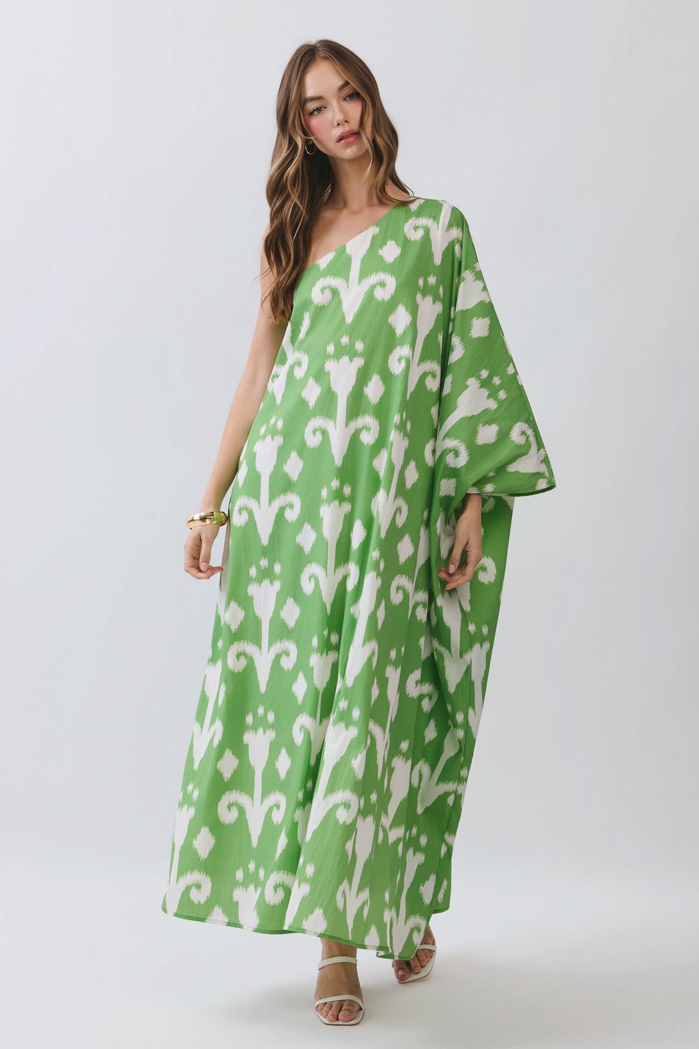 Green Block Print One Shoulder Caftan