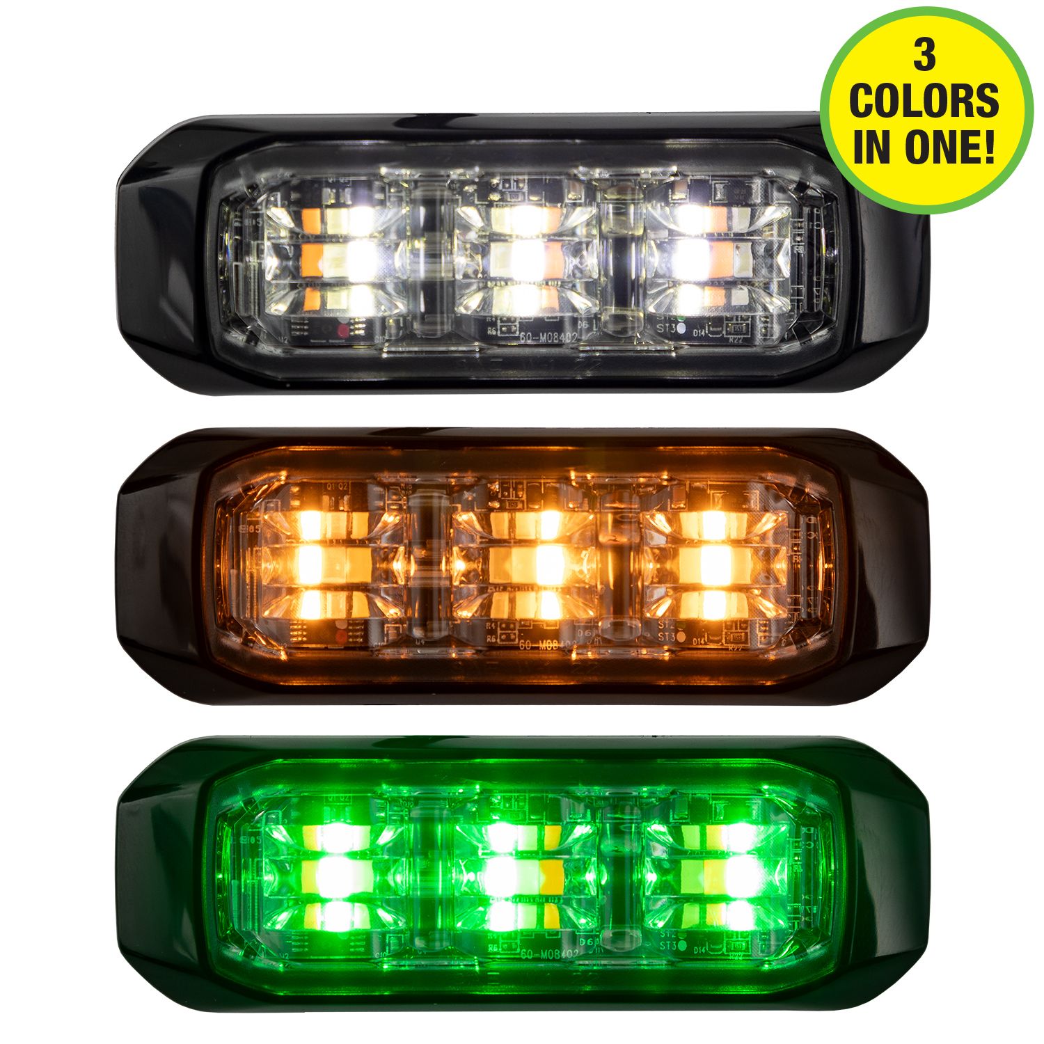 3 1/2 Inch Wide Angle Tri-Color LED Strobe Light, Amber/Green/Clear