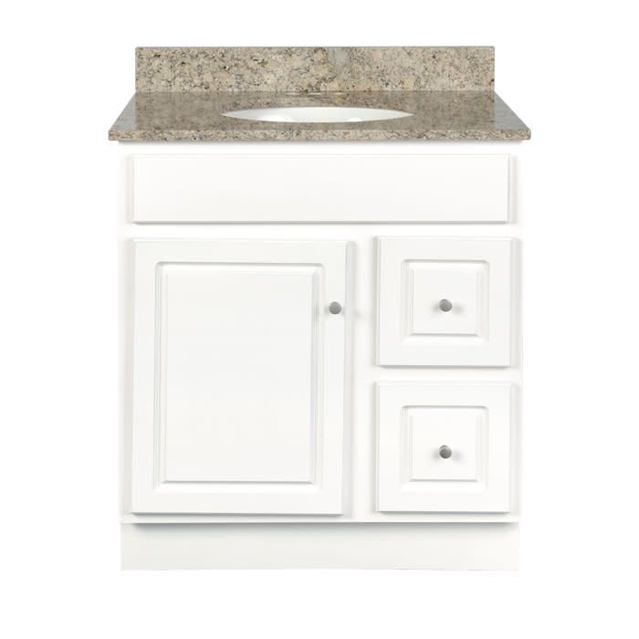 Glossy White Vanity Cabinet 30&quot;W x 21&quot;D x 34 ½&quot;H - 1 Door, 2 Dra (R), Top Blank