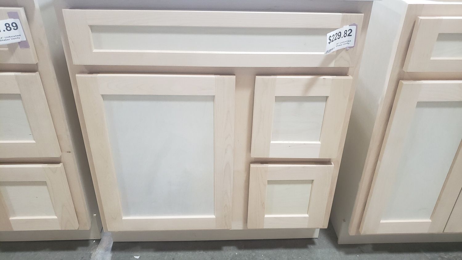 Unfinished Shaker Vanity: 30&quot;W x 21&quot;D x 34 ½&quot;H - 1 Door, 2 Dra (R), Top Blank V3021D