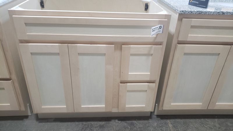 Unfinished Shaker Vanity: 36&quot;W x 21&quot;D x 34 ½&quot;H - 2 Doors, 2 Dra (R), Top Blank V3621D