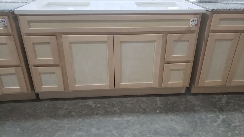 Unfinished Shaker Vanity: 60&quot;W x 21&quot;D x 34 ½&quot;H - 2 Doors, 4 Dra (2L, 2R), Top Blank V6021D