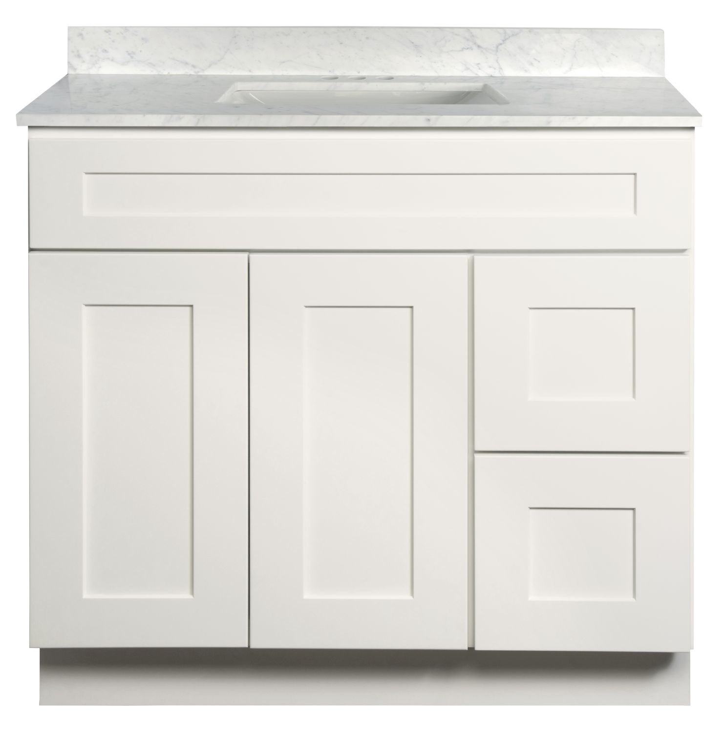 Shaker White Vanity Cabinet 36"W x 21"D x 34 ½"H - 2 Doors, 2 Dra (R), Top Blank