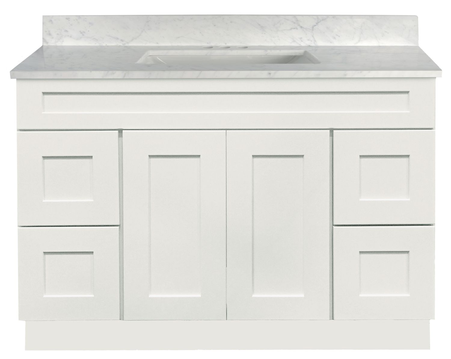 Shaker White Vanity Cabinet 48"W x 21"D x 34 ½"H - 2 Doors, 4 Dra (2L, 2R), Top Blank