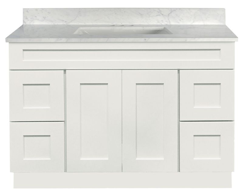Shaker White Vanity Cabinet 48"W x 21"D x 34 ½"H - 2 Doors, 4 Dra (2L, 2R), Top Blank