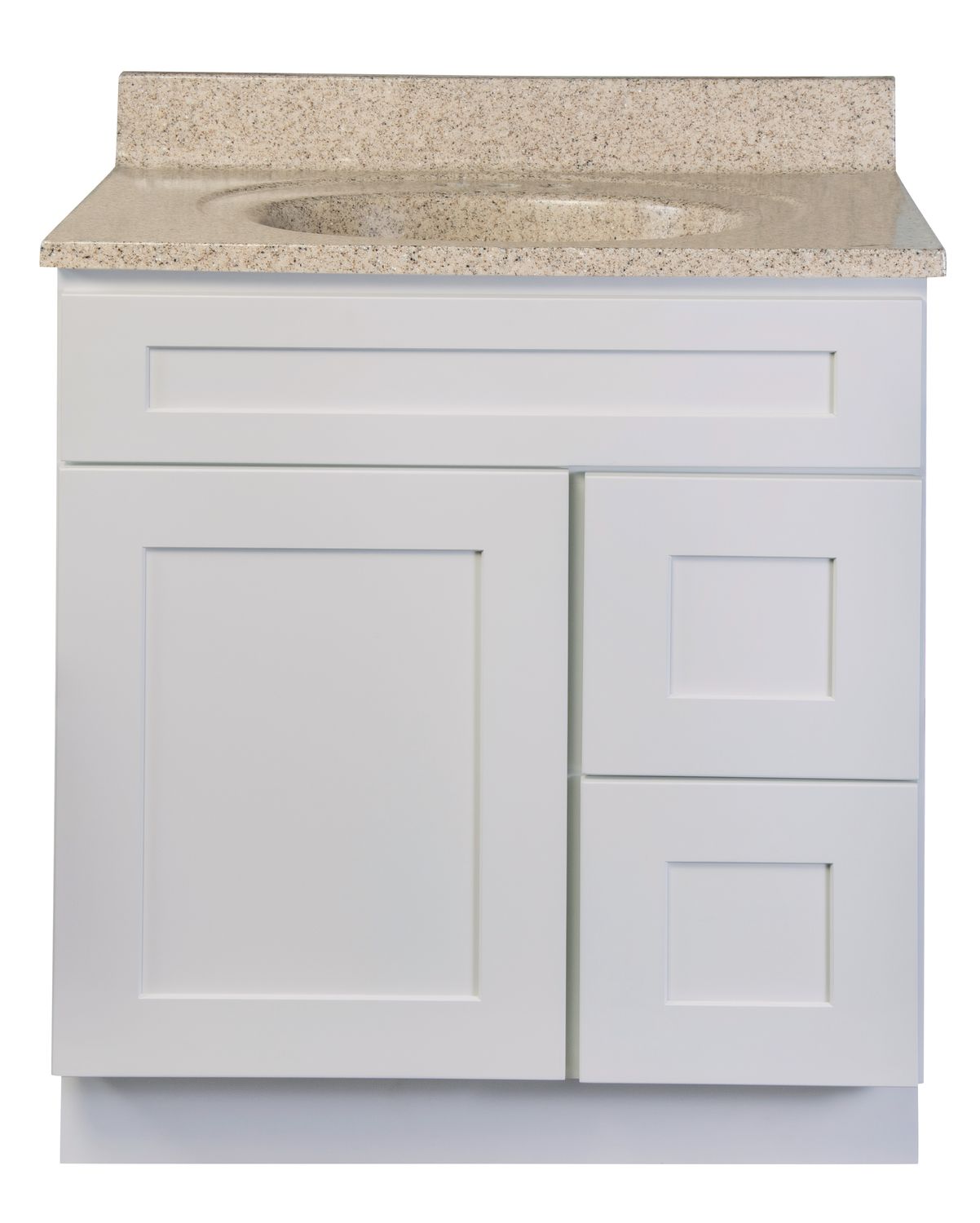 Shaker White Vanity Cabinet 30"W x 21"D x 34 ½"H - 1 Door, 2 Dra (R), Top Blank