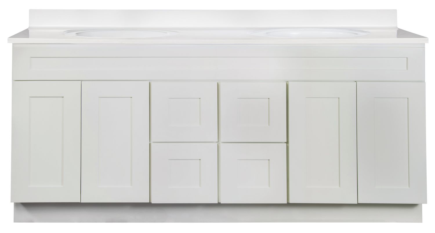 Shaker White Vanity Cabinet 72"W x 21"D x 34 ½"H - 4 Doors, 4 Dra (Center), Top Blank††