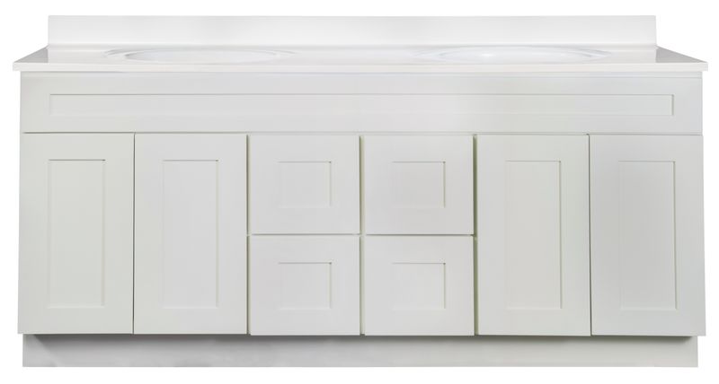 Shaker White Vanity Cabinet 72"W x 21"D x 34 ½"H - 4 Doors, 4 Dra (Center), Top Blank††