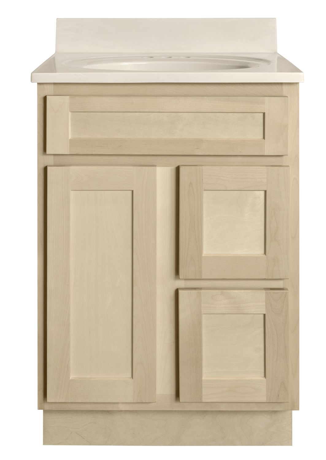 Unfinished Shaker Vanity: 24"W x 21"D x 34 ½"H - 1 Door, 2 Dra (R), Top Blank V2421D