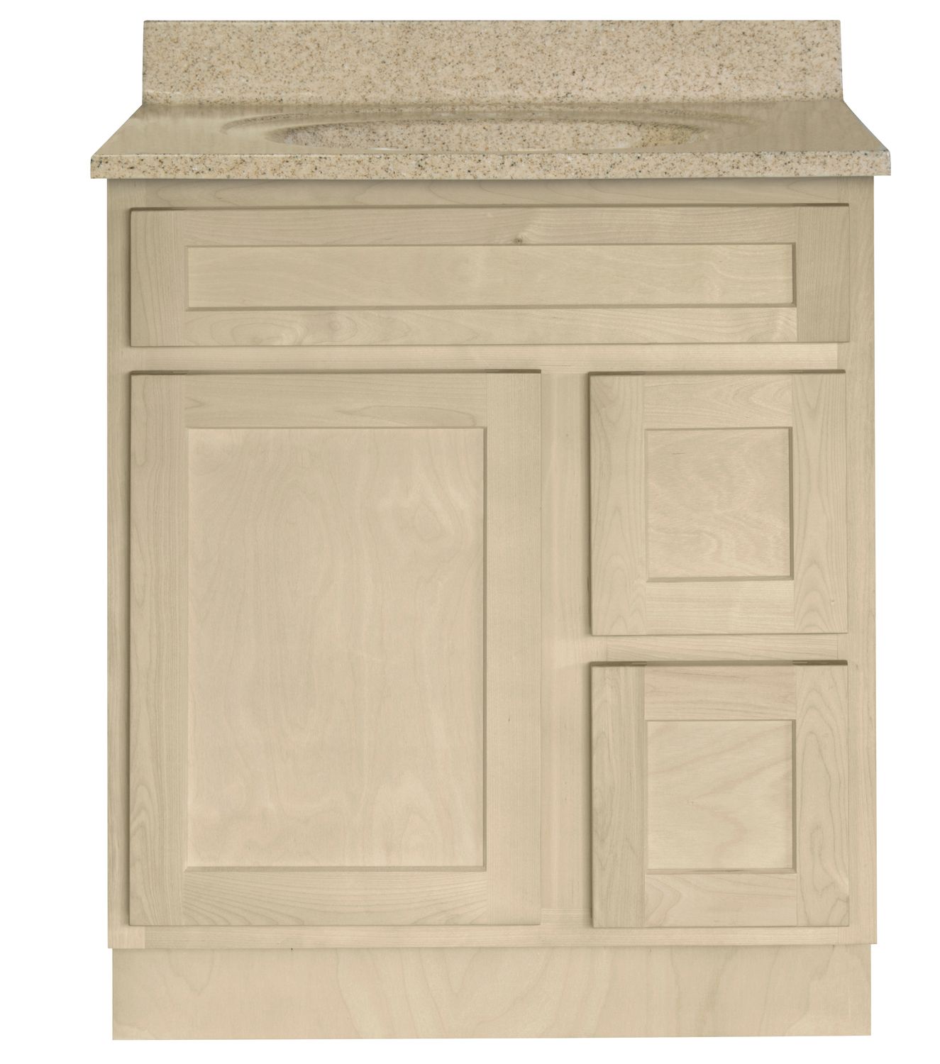 Unfinished Shaker Vanity: 30"W x 21"D x 34 ½"H - 1 Door, 2 Dra (R), Top Blank V3021D