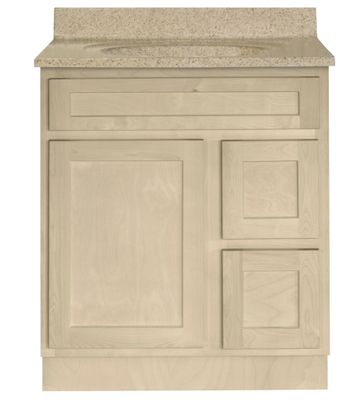 Unfinished Shaker Vanity: 30"W x 21"D x 34 ½"H - 1 Door, 2 Dra (R), Top Blank V3021D