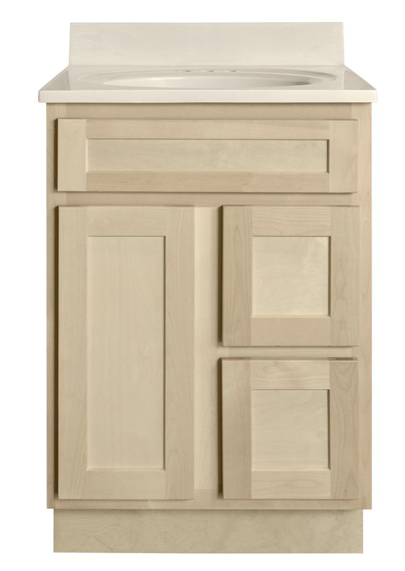 Unfinished Shaker Vanity: 24"W x 18"D x 34 ½"H - 1 Door, 2 Dra (R), Top Blank V2418D