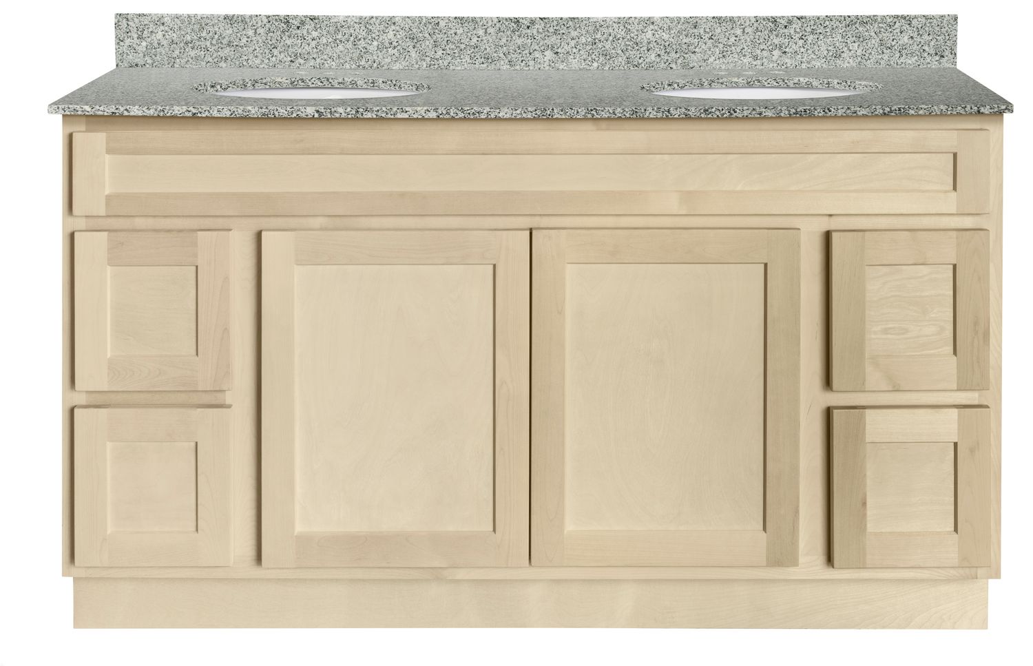 Unfinished Shaker Vanity: 60"W x 21"D x 34 ½"H - 2 Doors, 4 Dra (2L, 2R), Top Blank V6021D