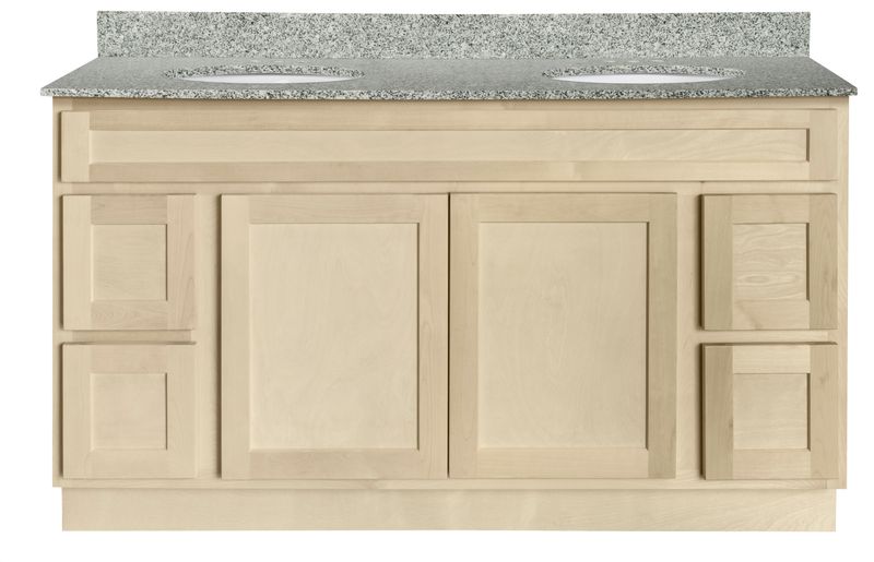 Unfinished Shaker Vanity: 60"W x 21"D x 34 ½"H - 2 Doors, 4 Dra (2L, 2R), Top Blank V6021D
