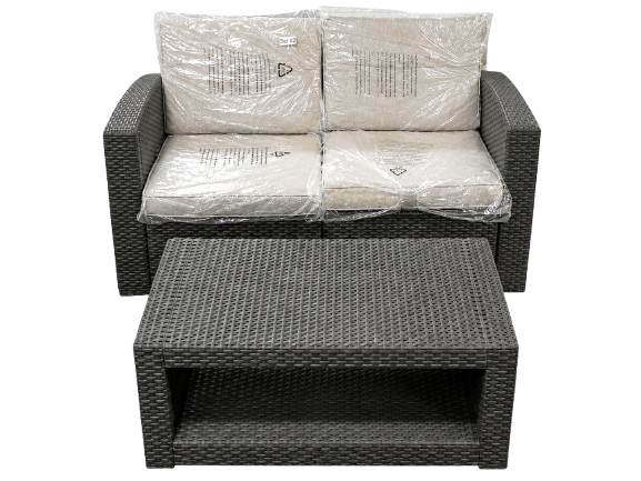 PLF-112-S 2pc All-Weather Black Loveseat Patio Set with Light Grey Cushions