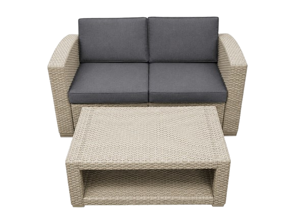 PLF-111-S 2pc All-Weather Beige Loveseat Patio Set with Dark Grey Cushions